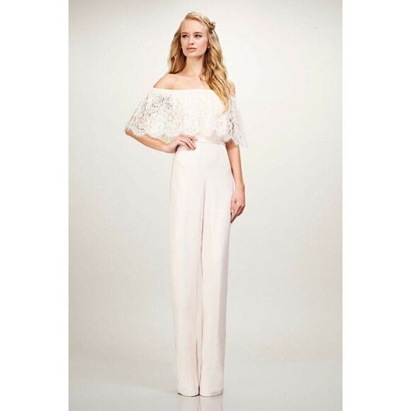 NEW BHLDN Sz 2 THEIA BRIDESMAIDS BRIDAL MILA OFF-THE-SHOULDER LACE JUMPSUIT - Picture 1 of 4